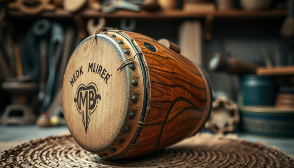 A detailed close-up of a djembé drum showcasing its technical features, including the texture of the wooden shell, intricate carvings, and the tightness of the animal skin drumhead. In the foreground, focus on the grain and polish of the wood, highlighting the craftsmanship. The middle layer displays the drum resting on a natural surface, like a woven mat, with soft, diffused lighting that enhances the warm tones of the wood. In the background, a blurred image of an artisan workshop, with tools and materials, evokes a sense of authenticity. The atmosphere is warm and inviting, reflecting the cultural significance of the djembé, conveying durability and quality. Aim for a professional, elegant composition, shot with a 50mm lens at eye level, ensuring a natural, warm light ambiance. A detailed close-up of a djembé drum showcasing its technical features, including the texture of the wooden shell, intricate carvings, and the tightness of the animal skin drumhead. In the foreground, focus on the grain and polish of the wood, highlighting the craftsmanship. The middle layer displays the drum resting on a natural surface, like a woven mat, with soft, diffused lighting that enhances the warm tones of the wood. In the background, a blurred image of an artisan workshop, with tools and materials, evokes a sense of authenticity. The atmosphere is warm and inviting, reflecting the cultural significance of the djembé, conveying durability and quality. Aim for a professional, elegant composition, shot with a 50mm lens at eye level, ensuring a natural, warm light ambiance.