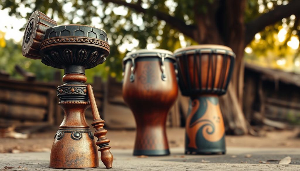 A striking image of a traditional tension instrument used for tuning a djembé, placed prominently in the foreground. The instrument features intricate wooden craftsmanship, showcasing detailed carvings and a rich, polished finish. In the middle ground, a beautifully crafted djembé drum stands, highlighting the differences in design between traditional and modern instruments. The background includes a rustic African setting, with soft, warm lighting filtering through leafy trees, evoking an atmosphere of cultural heritage. The lens captures a slightly angled view to accentuate the depth of the wood grain and the drum's curves, creating a sense of warmth and authenticity. The image aims to convey a blend of tradition and modernity in musical craftsmanship, inviting the viewer to appreciate both styles. A striking image of a traditional tension instrument used for tuning a djembé, placed prominently in the foreground. The instrument features intricate wooden craftsmanship, showcasing detailed carvings and a rich, polished finish. In the middle ground, a beautifully crafted djembé drum stands, highlighting the differences in design between traditional and modern instruments. The background includes a rustic African setting, with soft, warm lighting filtering through leafy trees, evoking an atmosphere of cultural heritage. The lens captures a slightly angled view to accentuate the depth of the wood grain and the drum's curves, creating a sense of warmth and authenticity. The image aims to convey a blend of tradition and modernity in musical craftsmanship, inviting the viewer to appreciate both styles.