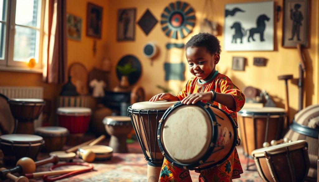 A vibrant image of a child playing an African djembé in a cozy, sunlit room filled with warm, inviting colors. In the foreground, the child, wearing modest, colorful clothing, is focused on rhythmically striking the drum, showcasing a joyful expression. The middle ground features an array of various percussion instruments scattered around, including shakers and tambourines, hinting at a playful musical environment. The background includes walls adorned with cultural art pieces, enhancing the African theme. Soft, natural light filters through a nearby window, casting gentle shadows, creating an atmosphere of creativity and fun. Use a shallow depth of field to emphasize the child and the djembé while keeping the surroundings softly blurred. A vibrant image of a child playing an African djembé in a cozy, sunlit room filled with warm, inviting colors. In the foreground, the child, wearing modest, colorful clothing, is focused on rhythmically striking the drum, showcasing a joyful expression. The middle ground features an array of various percussion instruments scattered around, including shakers and tambourines, hinting at a playful musical environment. The background includes walls adorned with cultural art pieces, enhancing the African theme. Soft, natural light filters through a nearby window, casting gentle shadows, creating an atmosphere of creativity and fun. Use a shallow depth of field to emphasize the child and the djembé while keeping the surroundings softly blurred.