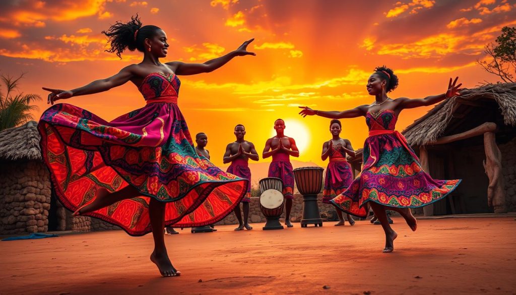 A vibrant scene depicting African ballet dancers performing in traditional attire, showcasing fluid movements and cultural expressions. In the foreground, two dancers gracefully leap and twirl in colorful, flowing costumes adorned with intricate patterns. Their expressions convey joy and passion for the dance. The middle layer features additional dancers in synchronized choreography, emphasizing teamwork and harmony, surrounded by traditional African drums, including djembés, highlighting the music's influence. The background features a vivid sunset sky casting warm golden light over a rustic village setting, enhancing the atmosphere of celebration. The lens captures the scene with a slightly wide-angle perspective, emphasizing the dancers' dynamic poses and the energy of the performance. The overall mood is uplifting and celebratory, reflecting the global impact of African ballets.