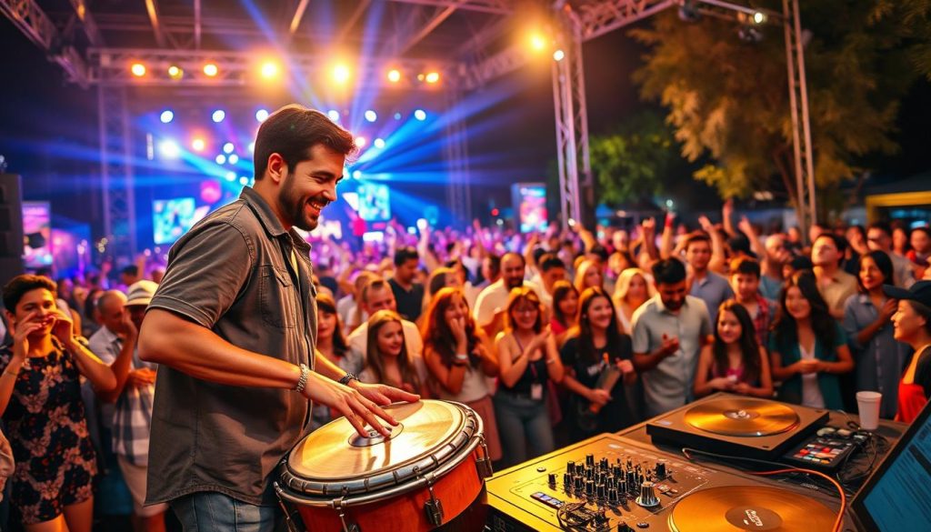 A vibrant scene depicting a contemporary DJ set featuring a djembé at a bustling outdoor music festival. In the foreground, a skilled musician, dressed in casual but professional attire, passionately plays the djembé, his expressions reflecting intense focus and joy. The middle ground showcases a diverse crowd of enthusiastic listeners, swaying and dancing to the rhythm, with colorful clothing adding to the festive atmosphere. In the background, vivid stage lights illuminate the night sky, enhancing the excitement, while ethereal sound waves seem to ripple through the air. The scene is enriched by a warm, golden hour glow, creating an inviting and energetic mood. Utilize a wide-angle lens to capture the expansive vibe of the event, emphasizing the connection between the musician and the audience.