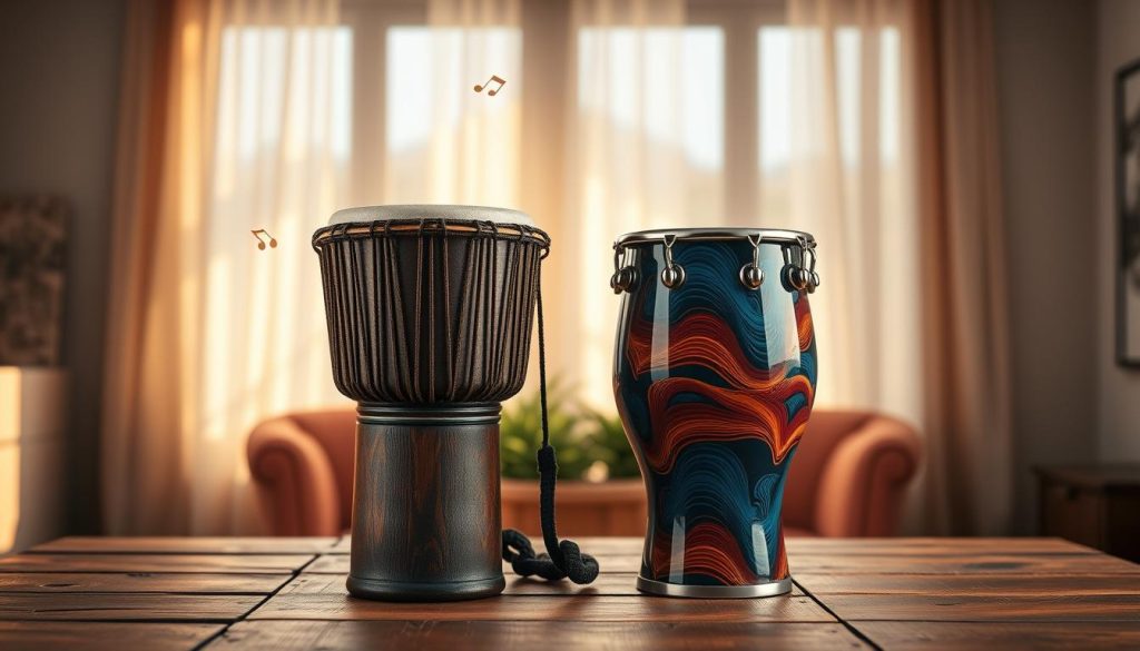A vibrant scene showcasing a traditional djembe and a modern djembé side by side on a rustic wooden table. In the foreground, the traditional djembe is made from a beautifully carved, dark wood, featuring intricate tribal patterns along its body. Next to it, the modern djembé displays a sleek, glossy finish with vibrant colors and a contemporary design. The middle ground includes softly blurred musical notes drifting in the air, reflecting a lively atmosphere. In the background, a sunlit room with warm light filtering through sheer curtains creates an inviting mood, enhancing the textures of both instruments. The image should capture the essence of cultural heritage and modern innovation in percussion instruments. Aim for a warm and engaging ambiance, with a focus on the contrast between the traditional and the contemporary. A vibrant scene showcasing a traditional djembe and a modern djembé side by side on a rustic wooden table. In the foreground, the traditional djembe is made from a beautifully carved, dark wood, featuring intricate tribal patterns along its body. Next to it, the modern djembé displays a sleek, glossy finish with vibrant colors and a contemporary design. The middle ground includes softly blurred musical notes drifting in the air, reflecting a lively atmosphere. In the background, a sunlit room with warm light filtering through sheer curtains creates an inviting mood, enhancing the textures of both instruments. The image should capture the essence of cultural heritage and modern innovation in percussion instruments. Aim for a warm and engaging ambiance, with a focus on the contrast between the traditional and the contemporary.