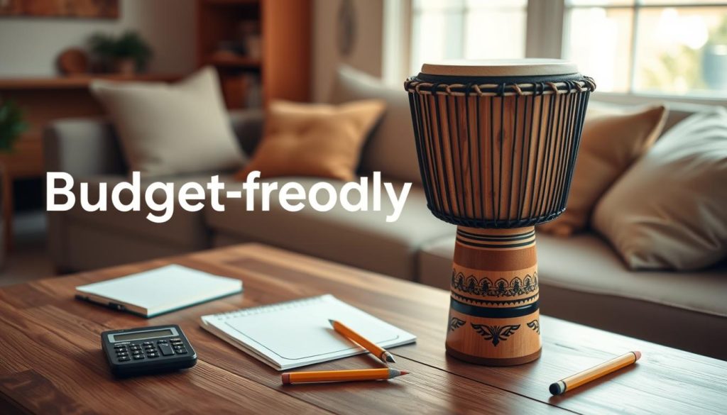 A well-organized display of a budget-friendly djembé in a cozy, inviting environment. In the foreground, show a vibrant, handcrafted djembé made from natural materials, with intricate carvings reflecting African cultural motifs. The middle ground should feature a wooden table with a small calculator, notepad, and a pencil, symbolizing budget planning. The background should depict a warm living space with soft lighting, maybe a window with gentle sunlight filtering through and hinting at a homey atmosphere. The mood is one of inspiration and practicality, encouraging aspiring drummers to consider their financial plans. Aim for a realistic and inviting look, with a focus on earthy tones and textures. A well-organized display of a budget-friendly djembé in a cozy, inviting environment. In the foreground, show a vibrant, handcrafted djembé made from natural materials, with intricate carvings reflecting African cultural motifs. The middle ground should feature a wooden table with a small calculator, notepad, and a pencil, symbolizing budget planning. The background should depict a warm living space with soft lighting, maybe a window with gentle sunlight filtering through and hinting at a homey atmosphere. The mood is one of inspiration and practicality, encouraging aspiring drummers to consider their financial plans. Aim for a realistic and inviting look, with a focus on earthy tones and textures.
