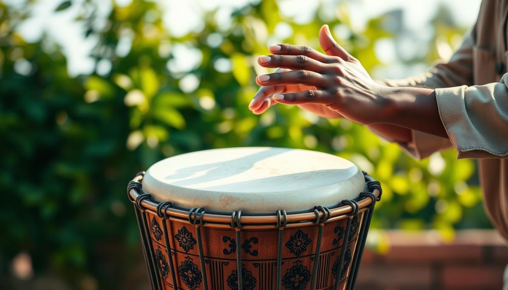 An elegant display of a traditional Malian djembé, positioned centrally against a softly blurred outdoor background of lush green foliage. In the foreground, an expert musician, dressed in modest casual attire, demonstrates various striking techniques, fingers gracefully poised above the drum’s surface, showcasing dynamic hand movements. The djembé features intricate carvings and a goat skin head, glimmering in warm afternoon sunlight. The lighting is soft yet radiant, highlighting the wooden texture of the drum and the musician’s focused expression. The image evokes a sense of rhythm and passion, capturing the essence of mastering striking techniques to reveal the rich sound of the djembé, inviting viewers into the world of Malian music and culture.