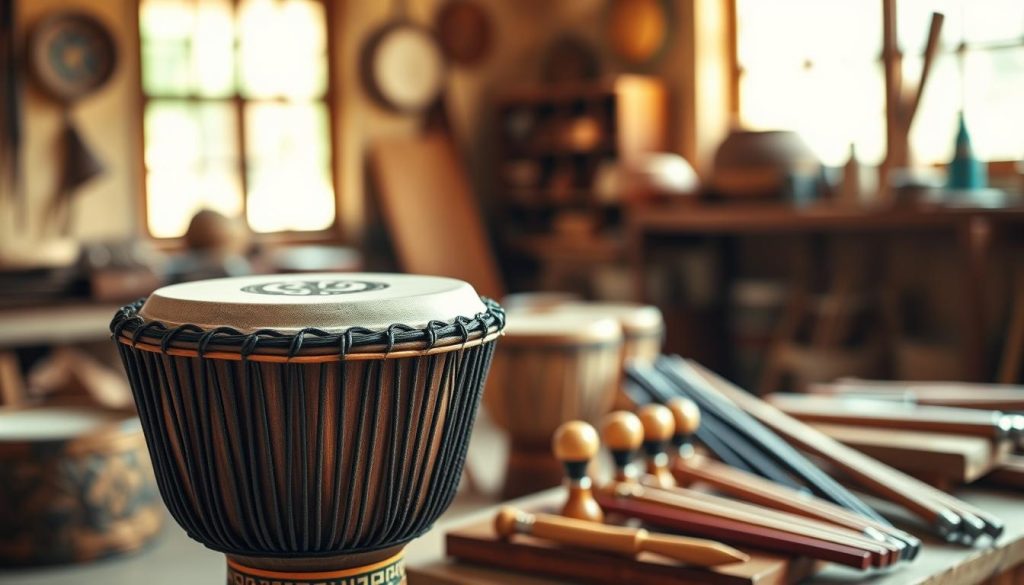 A beautifully crafted djembé, showcasing its intricate carvings and rich wooden textures, placed prominently in the foreground. The drum is adorned with traditional African motifs and vibrant colors, reflecting the craftsmanship of Senegal. In the middle ground, a selection of high-quality drum accessories like tuners and drumsticks are arranged neatly, emphasizing the essential criteria for choosing an instrument. The background features a softly blurred scene of a warm, sunlit workshop filled with natural light, highlighting the crafting process. A shallow depth of field focuses on the djembé, invoking a sense of reverence for the instrument’s cultural significance. The overall atmosphere is inviting and educational, with warm, earthy tones as the dominant palette.