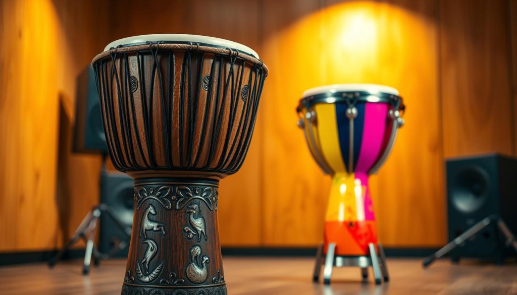 A beautifully crafted traditional djembé made of rich, dark wood sits prominently in the foreground, showcasing intricate carvings of nature and tribal motifs. The middle ground features a vibrant, modern reinterpretation of a djembé, with a sleek design and bright colors that contrast with the traditional drum, illustrating the evolution of this musical instrument. The background is softly blurred, featuring warm wooden textures reminiscent of a music studio to enhance the focus on the drums. The scene is bathed in warm, ambient light that creates a welcoming and inviting atmosphere, emphasizing the rich tones of the wood and the vibrant colors of the modern djembé. Use a slight angle to highlight the details of both drums, enhancing the comparison between modernity and tradition. A beautifully crafted traditional djembé made of rich, dark wood sits prominently in the foreground, showcasing intricate carvings of nature and tribal motifs. The middle ground features a vibrant, modern reinterpretation of a djembé, with a sleek design and bright colors that contrast with the traditional drum, illustrating the evolution of this musical instrument. The background is softly blurred, featuring warm wooden textures reminiscent of a music studio to enhance the focus on the drums. The scene is bathed in warm, ambient light that creates a welcoming and inviting atmosphere, emphasizing the rich tones of the wood and the vibrant colors of the modern djembé. Use a slight angle to highlight the details of both drums, enhancing the comparison between modernity and tradition.