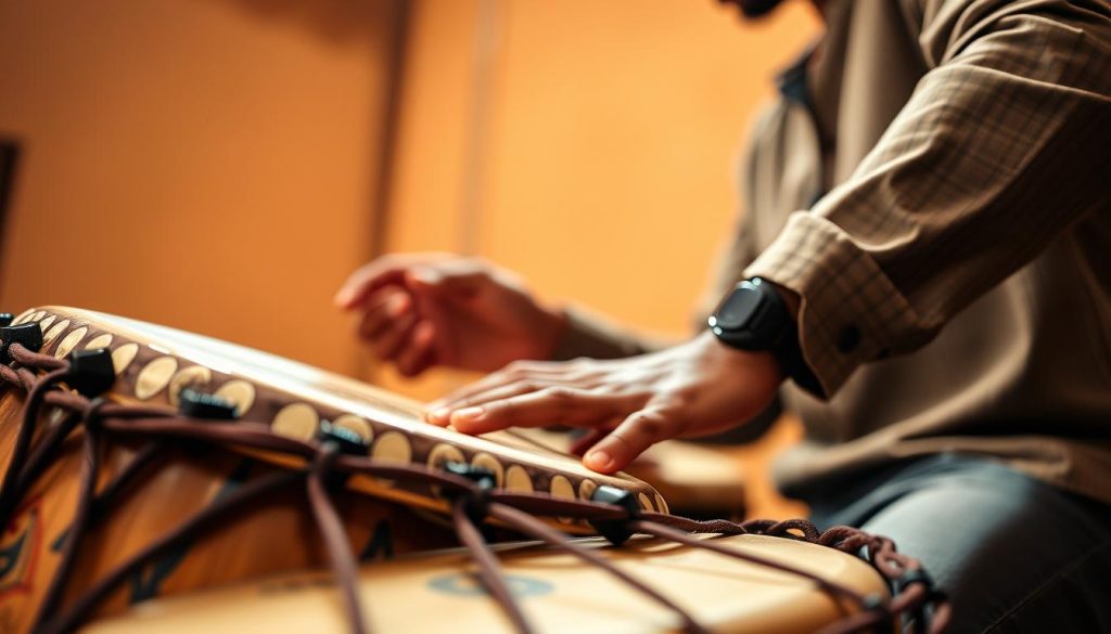 A close-up shot of a skilled musician playing a traditional djembé, focusing on their hands expertly striking the drumhead. The musician is dressed in modest casual clothing, showcasing their concentration and passion for the craft. The foreground features intricate details of the djembé, highlighting the textured wood and vibrant patterns. In the middle ground, the musician's focused expression conveys the importance of correct technique for injury prevention. The background is softly blurred, featuring warm ambient lighting that creates an inviting atmosphere, encouraging a sense of rhythm and flow. The scene is shot with a DSLR camera, using a shallow depth of field to emphasize the texture and emotion in the moment, evoking a sense of cultural depth and respect for the art of drumming. A close-up shot of a skilled musician playing a traditional djembé, focusing on their hands expertly striking the drumhead. The musician is dressed in modest casual clothing, showcasing their concentration and passion for the craft. The foreground features intricate details of the djembé, highlighting the textured wood and vibrant patterns. In the middle ground, the musician's focused expression conveys the importance of correct technique for injury prevention. The background is softly blurred, featuring warm ambient lighting that creates an inviting atmosphere, encouraging a sense of rhythm and flow. The scene is shot with a DSLR camera, using a shallow depth of field to emphasize the texture and emotion in the moment, evoking a sense of cultural depth and respect for the art of drumming.