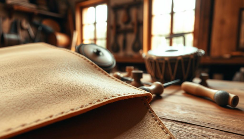 A close-up view of "peau chèvre," rich in texture and detail, highlighting the subtle variations in color from cream to deep tan. The foreground showcases the smooth, soft surface of the goat leather, with a few hand tools used for crafting musical instruments subtly placed beside it. In the middle, depict an artisan’s workspace, with traditional woodworking tools and pieces of a djembé drum in progress, emphasizing the artisanal aspect of lutherie. The background is softly blurred to suggest a warm, inviting workshop filled with warm light filtering through a window, casting gentle shadows. The overall mood is one of craftsmanship, dedication, and the time-honored tradition of handmade instrument making. Use natural lighting to enhance the textures and details, with a focus on a warm color palette. A close-up view of "peau chèvre," rich in texture and detail, highlighting the subtle variations in color from cream to deep tan. The foreground showcases the smooth, soft surface of the goat leather, with a few hand tools used for crafting musical instruments subtly placed beside it. In the middle, depict an artisan’s workspace, with traditional woodworking tools and pieces of a djembé drum in progress, emphasizing the artisanal aspect of lutherie. The background is softly blurred to suggest a warm, inviting workshop filled with warm light filtering through a window, casting gentle shadows. The overall mood is one of craftsmanship, dedication, and the time-honored tradition of handmade instrument making. Use natural lighting to enhance the textures and details, with a focus on a warm color palette.