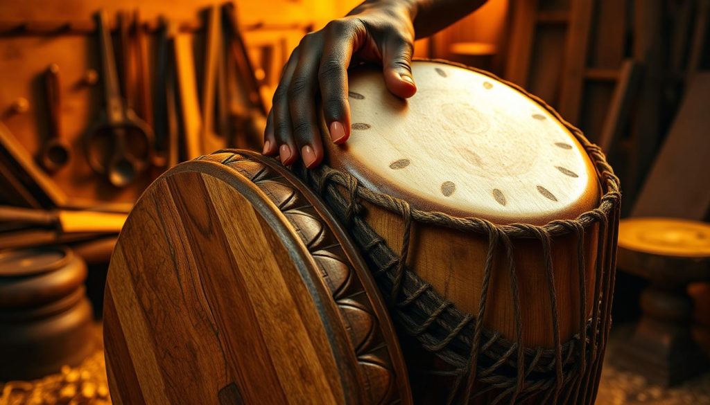 A detailed depiction of a djembé drum, showcasing its unique anatomy and craftmanship. In the foreground, focus on the textured wooden shell, revealing intricate carvings that reflect traditional African art. The drumhead, made from goat skin, is taut and glistening, highlighting its natural grain patterns. In the middle ground, include a craftsman’s hands, skillfully demonstrating the process of tightening the drumhead with rope. The background features a warm, rustic workshop filled with tools and wood shavings, illuminated by soft, golden hour lighting that casts gentle shadows. The atmosphere is one of authenticity and cultural pride, evoking the rich traditions of Guinean music. The angle should be slightly tilted to provide depth, capturing the essence of artisanal work.