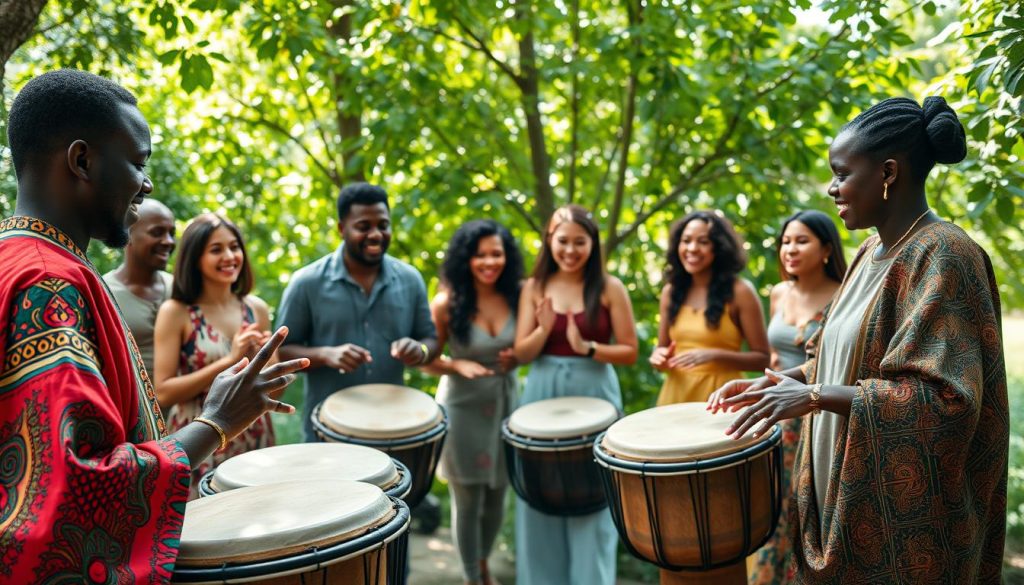 A serene outdoor setting featuring a group of diverse individuals engaged in a traditional djembé drumming circle. In the foreground, two drummers focus intently on their instruments, showcasing intricate hand movements, with vibrant traditional attire that reflects cultural heritage. The middle ground features others in a harmonious rhythm, smiling and immersed in the moment, creating a palpable sense of connection and joy. The background displays lush greenery, with sunlight filtering through the leaves, casting soft dappled shadows for a warm, inviting atmosphere. Capture this scene with bright, natural lighting, angled slightly from above to emphasize the unity and energy of the group, while evoking a sense of tranquility and spiritual upliftment. The overall mood should be uplifting and celebratory, illustrating the unexpected benefits of rhythmic practice. A serene outdoor setting featuring a group of diverse individuals engaged in a traditional djembé drumming circle. In the foreground, two drummers focus intently on their instruments, showcasing intricate hand movements, with vibrant traditional attire that reflects cultural heritage. The middle ground features others in a harmonious rhythm, smiling and immersed in the moment, creating a palpable sense of connection and joy. The background displays lush greenery, with sunlight filtering through the leaves, casting soft dappled shadows for a warm, inviting atmosphere. Capture this scene with bright, natural lighting, angled slightly from above to emphasize the unity and energy of the group, while evoking a sense of tranquility and spiritual upliftment. The overall mood should be uplifting and celebratory, illustrating the unexpected benefits of rhythmic practice.
