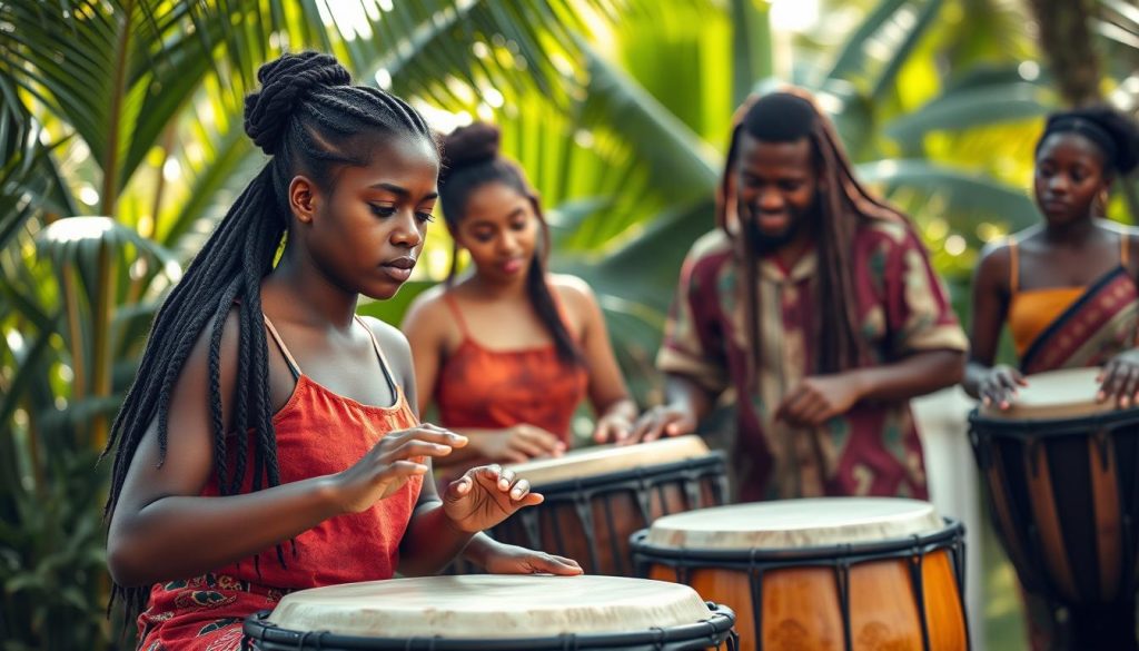 A serene scene depicting a diverse group of individuals of different ages and ethnic backgrounds, engaged in playing the djembe drum in a lush outdoor environment. In the foreground, a focused young woman plays the djembe with intense concentration, her posture reflecting dedication. In the middle, a supportive instructor guides two eager learners, showcasing the importance of regular practice and community in learning. The background features tropical trees and soft sunlight filtering through the leaves, creating a warm and inviting atmosphere. The composition utilizes natural lighting to enhance the vibrancy of the colors and the richness of the cultural context. The overall mood conveys a sense of harmony, growth, and commitment to the journey of mastering the djembe.