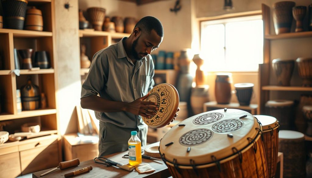 A skilled artisan attentively inspects a carved djembé in a warm, sunlit workshop, highlighting the contrast between modern and traditional designs. In the foreground, the artisan, dressed in a modest, casual shirt and trousers, meticulously examines the drum's surface, showcasing intricate patterns and natural wood grain. In the middle, various tools for maintenance, such as oils and cloths, are neatly arranged on a workbench, emphasizing the theme of care and preservation. In the background, shelves filled with both traditional and modern djembés create a sense of depth, with soft, diffused daylight filtering through a window, casting gentle shadows. The atmosphere is tranquil yet focused, inspiring a sense of craftsmanship and dedication. A skilled artisan attentively inspects a carved djembé in a warm, sunlit workshop, highlighting the contrast between modern and traditional designs. In the foreground, the artisan, dressed in a modest, casual shirt and trousers, meticulously examines the drum's surface, showcasing intricate patterns and natural wood grain. In the middle, various tools for maintenance, such as oils and cloths, are neatly arranged on a workbench, emphasizing the theme of care and preservation. In the background, shelves filled with both traditional and modern djembés create a sense of depth, with soft, diffused daylight filtering through a window, casting gentle shadows. The atmosphere is tranquil yet focused, inspiring a sense of craftsmanship and dedication.