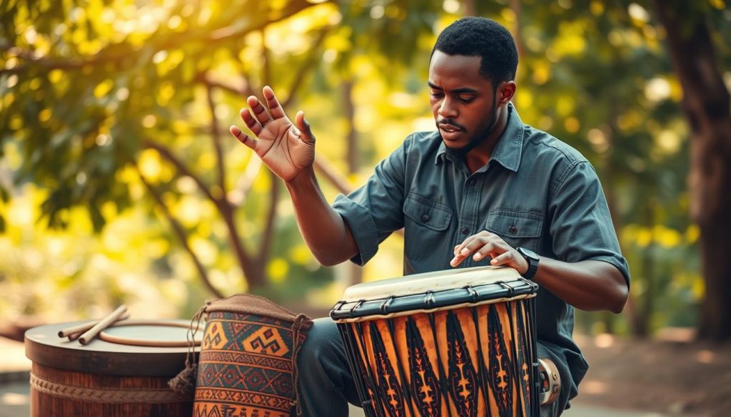 A skilled musician in modest casual clothing passionately demonstrating djembé techniques, focused on hand movements as they strike the drum. In the foreground, the vibrant djembé, adorned with traditional African patterns, showcases intricate details of its craftsmanship. The middle ground features a wooden platform with a few scattered drumsticks, enhancing the cultural ambiance. In the background, soft bokeh imagery of a lively outdoor setting with green foliage and warm, dappled sunlight filtering through the trees sets a serene mood. The lighting is warm and natural, illuminating the musician's focused expression, capturing the essence of learning and mastery in traditional music. The angle is slightly low to emphasize the depth and energy of the performance. A skilled musician in modest casual clothing passionately demonstrating djembé techniques, focused on hand movements as they strike the drum. In the foreground, the vibrant djembé, adorned with traditional African patterns, showcases intricate details of its craftsmanship. The middle ground features a wooden platform with a few scattered drumsticks, enhancing the cultural ambiance. In the background, soft bokeh imagery of a lively outdoor setting with green foliage and warm, dappled sunlight filtering through the trees sets a serene mood. The lighting is warm and natural, illuminating the musician's focused expression, capturing the essence of learning and mastery in traditional music. The angle is slightly low to emphasize the depth and energy of the performance.