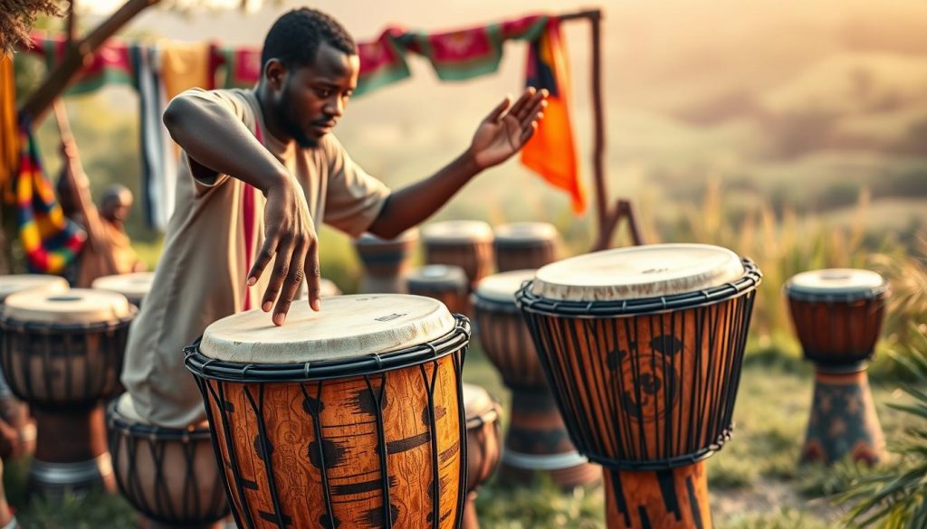 A vibrant and engaging scene depicting fundamental techniques for playing the djembe, showcasing a skilled musician in modest casual attire passionately demonstrating rhythmic strikes. In the foreground, the musician is positioned with one hand striking the drum while the other hovers in a poised, ready position. The djembe is richly textured, highlighting its traditional design with intricate carvings and stunning natural colors. In the middle ground, an array of djembe drums of various sizes provide context, while colorful fabrics and cultural artifacts hint at the Senegalese heritage. The background features a soft-focus lush landscape, bathed in warm golden light, suggesting a serene outdoor environment conducive to music-making. The overall atmosphere is lively and inspiring, evoking the joy of learning traditional percussion techniques.