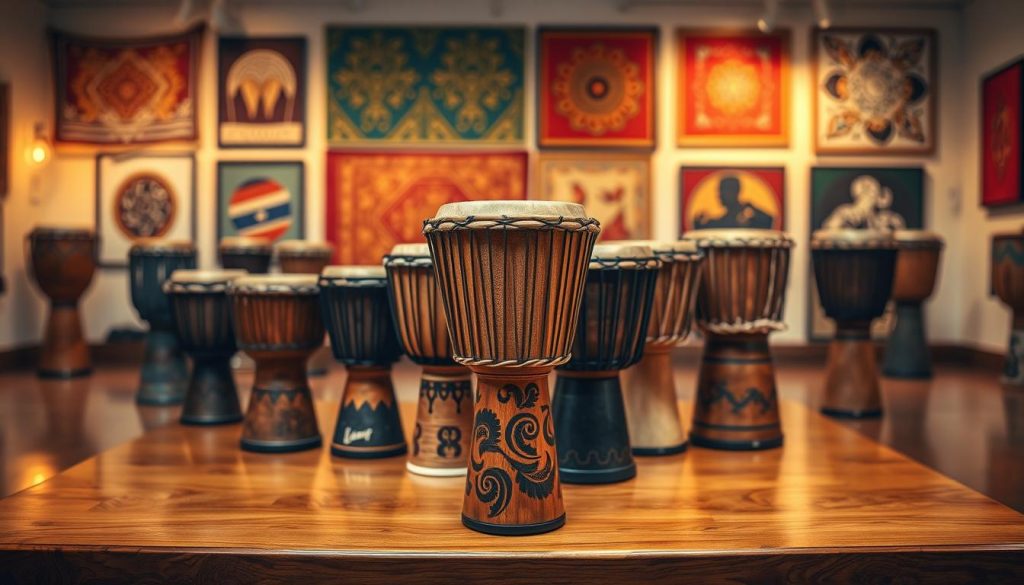A vibrant exhibition of various djembés displayed on a polished wooden table in an artistic setting. In the foreground, a beautifully crafted Senegalese djembé, showcasing intricate carvings and a rich, natural finish, stands prominently with natural fibers used for the drumhead. In the middle, different styles of djembés, each unique in design and color, are arranged to highlight their differences. The background features soft, warm ambient lighting that creates an inviting atmosphere, with blurred traditional textiles and art pieces subtly framing the scene. The composition captures a sense of cultural richness and diversity in musical instruments, inviting the viewer to appreciate the craftsmanship and heritage of the Senegalese djembé.