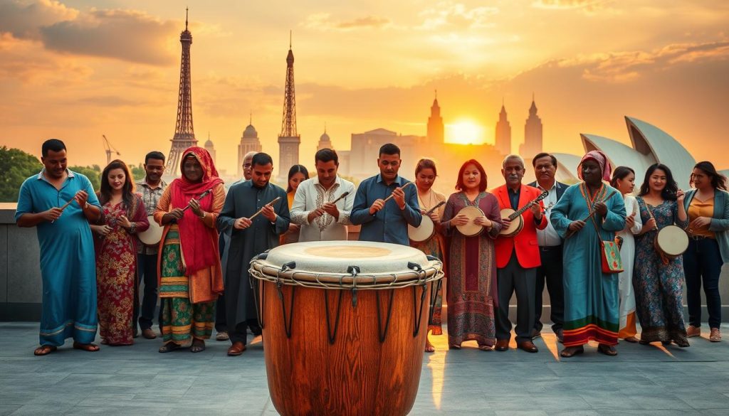 A vibrant scene showcasing the global influence of the djembé, primarily focusing on a beautifully crafted djembé drum placed prominently in the foreground. The drum, made of rich wood with intricate carvings, exhibits an earthy texture complemented by a natural goat skin head. In the middle ground, diverse musicians of different ethnic backgrounds, dressed in colorful traditional clothing and modest casual attire, play the djembé passionately, creating an energetic and harmonious atmosphere. In the background, iconic landmarks from various cultures—such as the Eiffel Tower, the Great Wall of China, and the Sydney Opera House—symbolically represent the djembé's worldwide reach. The scene is bathed in warm, golden lighting during sunset, casting soft shadows and enhancing the vibrant colors, evoking a sense of cultural celebration and unity through music.
