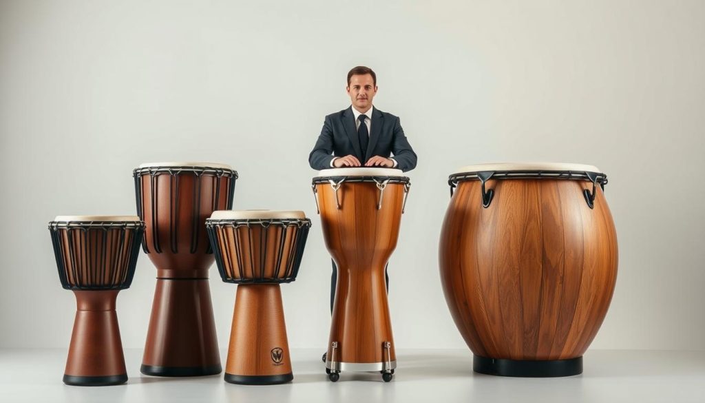 A well-lit image showcasing a selection of djembés in various sizes, set against a neutral background. In the foreground, feature three different djembés: a small, an average, and a large one, highlighting their unique dimensions and craftsmanship. The middle layer should include a person in a professional outfit, demonstrating the ideal posture while playing each drum, conveying the relationship between body size and drum size. Soft, natural lighting enhances the wooden textures of the drums and creates subtle shadows, emphasizing their shapes. The atmosphere should feel inviting and educational, inviting viewers to explore the importance of choosing the right percussion instrument based on personal morphology. A well-lit image showcasing a selection of djembés in various sizes, set against a neutral background. In the foreground, feature three different djembés: a small, an average, and a large one, highlighting their unique dimensions and craftsmanship. The middle layer should include a person in a professional outfit, demonstrating the ideal posture while playing each drum, conveying the relationship between body size and drum size. Soft, natural lighting enhances the wooden textures of the drums and creates subtle shadows, emphasizing their shapes. The atmosphere should feel inviting and educational, inviting viewers to explore the importance of choosing the right percussion instrument based on personal morphology.