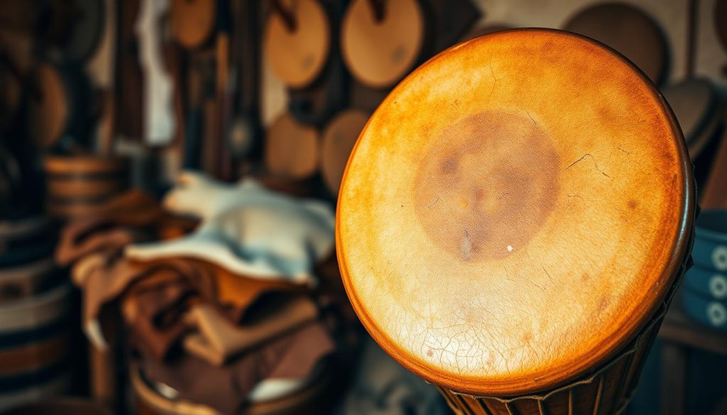 A beautifully crafted djembé drum displayed prominently in the foreground, featuring a rich, natural skin head that glistens under warm, soft lighting. The texture of the skin should be detailed, showing fine pores and subtle imperfections that highlight its organic origin. In the middle ground, various natural skins used for drumheads, like goat and cow hides, are artistically arranged, showcasing their different colors and textures. The background is softly blurred, suggesting an intimate workshop environment with tools and materials related to drum-making, contributing to the craftsmanship atmosphere. The overall mood is warm and inviting, evoking a sense of tradition and authenticity. The image is captured with a shallow depth of field, emphasizing the beauty of the djembé and its natural skin, creating a focus that draws the viewer in. A beautifully crafted djembé drum displayed prominently in the foreground, featuring a rich, natural skin head that glistens under warm, soft lighting. The texture of the skin should be detailed, showing fine pores and subtle imperfections that highlight its organic origin. In the middle ground, various natural skins used for drumheads, like goat and cow hides, are artistically arranged, showcasing their different colors and textures. The background is softly blurred, suggesting an intimate workshop environment with tools and materials related to drum-making, contributing to the craftsmanship atmosphere. The overall mood is warm and inviting, evoking a sense of tradition and authenticity. The image is captured with a shallow depth of field, emphasizing the beauty of the djembé and its natural skin, creating a focus that draws the viewer in.