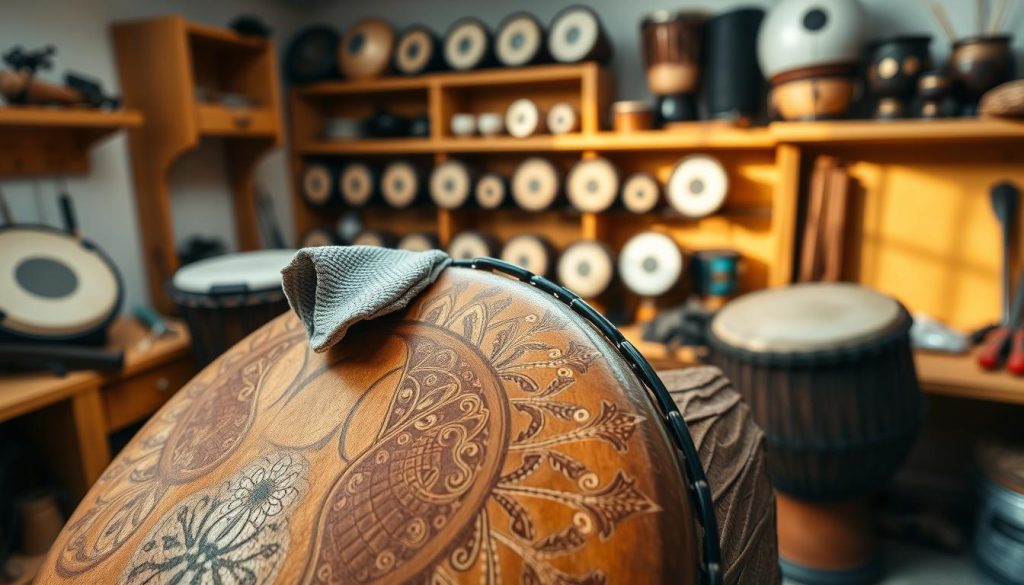 A beautifully crafted djembé made from goat skin, elegantly displayed in a serene workshop setting. In the foreground, the djembé showcases intricate traditional carvings and textures that highlight its craftsmanship. In the middle ground, various maintenance tools like a soft cloth, tuning wrench, and moisturizing conditioner lie on a wooden workbench, suggesting the care needed to preserve sound quality. The background features warm wooden shelves filled with other percussion instruments under soft, natural lighting that creates a cozy atmosphere. The image captures a sense of dedication and artistry in instrument care, evoking a calming, focused mood that emphasizes the importance of sound quality preservation. The angle is slightly top-down, emphasizing the details of the djembé’s surface and maintenance items without any distractions. A beautifully crafted djembé made from goat skin, elegantly displayed in a serene workshop setting. In the foreground, the djembé showcases intricate traditional carvings and textures that highlight its craftsmanship. In the middle ground, various maintenance tools like a soft cloth, tuning wrench, and moisturizing conditioner lie on a wooden workbench, suggesting the care needed to preserve sound quality. The background features warm wooden shelves filled with other percussion instruments under soft, natural lighting that creates a cozy atmosphere. The image captures a sense of dedication and artistry in instrument care, evoking a calming, focused mood that emphasizes the importance of sound quality preservation. The angle is slightly top-down, emphasizing the details of the djembé’s surface and maintenance items without any distractions.