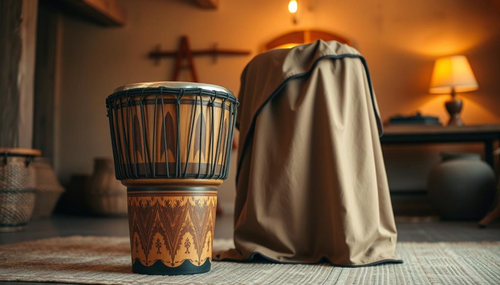 A beautifully crafted djembé made from goat skin, prominently placed in the foreground, showcasing its intricate carvings and rich natural hues. In the middle ground, a stylish protective cover made of durable fabric gently drapes over the djembé, emphasizing its importance for transport. The background features a warm, rustic setting with soft lighting that highlights the textures of both the instrument and the cover, creating an inviting atmosphere. The angle is slightly elevated, allowing viewers to appreciate the craftsmanship of the djembé while drawing attention to the protective measures. The mood is serene and respectful, reflecting the cultural significance of the instrument and the care taken in its preservation. No people are present in the scene, ensuring focus on the djembé and its protection. A beautifully crafted djembé made from goat skin, prominently placed in the foreground, showcasing its intricate carvings and rich natural hues. In the middle ground, a stylish protective cover made of durable fabric gently drapes over the djembé, emphasizing its importance for transport. The background features a warm, rustic setting with soft lighting that highlights the textures of both the instrument and the cover, creating an inviting atmosphere. The angle is slightly elevated, allowing viewers to appreciate the craftsmanship of the djembé while drawing attention to the protective measures. The mood is serene and respectful, reflecting the cultural significance of the instrument and the care taken in its preservation. No people are present in the scene, ensuring focus on the djembé and its protection.