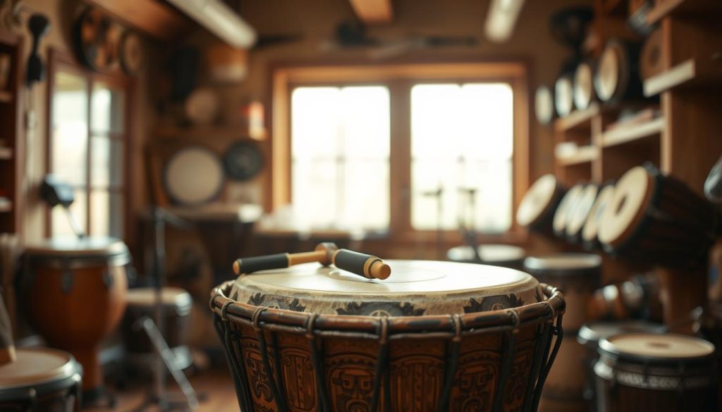 A beautifully crafted djembé with intricate carvings, placed prominently in the foreground. The drum's animal skin head is taut and glistening, showcasing its natural texture. Surrounding the djembé are traditional tools for tuning, including a tuning wrench and a small mallet, hinting at the art of tuning. In the middle ground, a soft, inviting workshop setting filled with warm wooden textures and ambient light pouring through a window, illuminating the scene. The background features shelves lined with various other percussion instruments, establishing a rich musical atmosphere. The overall mood is warm and focused, highlighting the craftsmanship and precision involved in tuning the instrument. Soft, diffused lighting adds a welcoming feel, perfect for an article about instrument care and technique. A beautifully crafted djembé with intricate carvings, placed prominently in the foreground. The drum's animal skin head is taut and glistening, showcasing its natural texture. Surrounding the djembé are traditional tools for tuning, including a tuning wrench and a small mallet, hinting at the art of tuning. In the middle ground, a soft, inviting workshop setting filled with warm wooden textures and ambient light pouring through a window, illuminating the scene. The background features shelves lined with various other percussion instruments, establishing a rich musical atmosphere. The overall mood is warm and focused, highlighting the craftsmanship and precision involved in tuning the instrument. Soft, diffused lighting adds a welcoming feel, perfect for an article about instrument care and technique.
