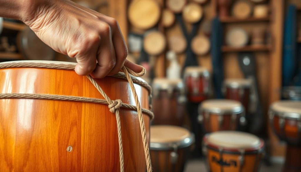 A close-up of a skilled hands tensioning the ropes of a traditional African djembe drum, showcasing the intricate process of tuning. The foreground features the vibrant wood grain of the djembe, glistening in natural light, highlighting the craftsmanship. In the middle ground, the focus is on the taut cords being adjusted, emphasizing the tension and the meticulous movement involved in achieving optimal pitch. The background is softly blurred, suggesting an inviting workshop filled with various percussion instruments, with warm, ambient lighting creating a cozy, focused atmosphere. The angle is slightly tilted to accentuate the dynamic action and craftsmanship of the tuning process, evoking a sense of dedication and artistry in music-making.