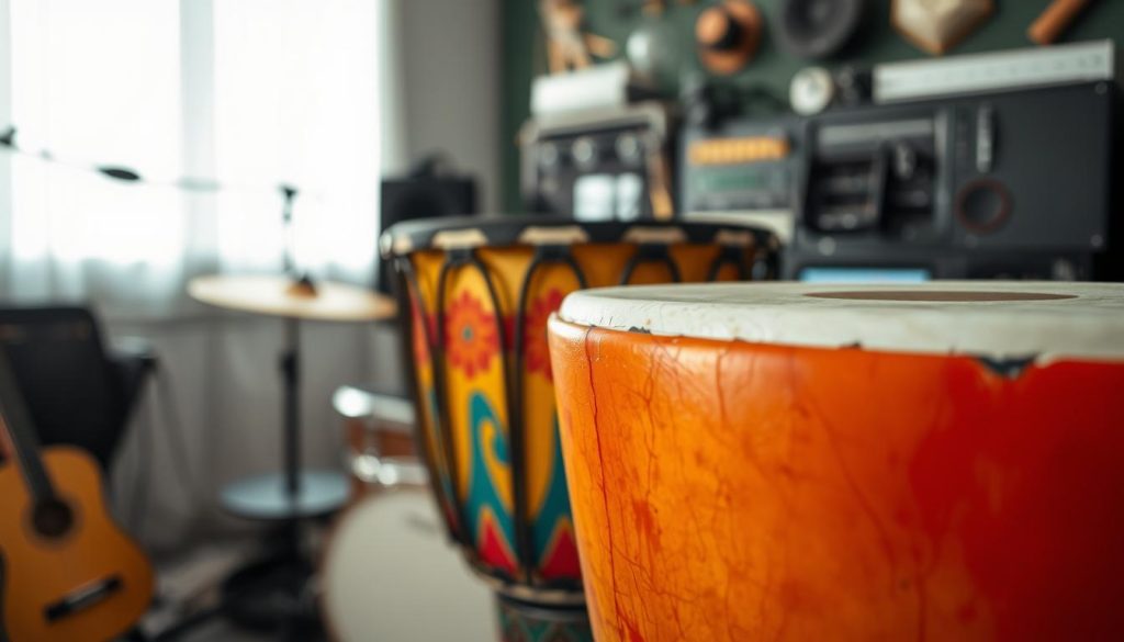 A close-up view of a beautifully crafted synthetic djembé, showcasing vibrant colors and textures that mimic traditional goat skin. The djembé is positioned in the foreground, highlighting its intricate designs and the quality of the synthetic material used. In the middle ground, a softly lit studio environment is visible, with diffused natural light gently illuminating the instrument from the left, creating subtle shadows that emphasize its contours. The background features a blurred array of musical accessories, contributing to the atmosphere of creativity and rhythm. The overall mood is inviting and professional, reflecting the innovation and advantages of synthetic drum skins over natural options. A close-up view of a beautifully crafted synthetic djembé, showcasing vibrant colors and textures that mimic traditional goat skin. The djembé is positioned in the foreground, highlighting its intricate designs and the quality of the synthetic material used. In the middle ground, a softly lit studio environment is visible, with diffused natural light gently illuminating the instrument from the left, creating subtle shadows that emphasize its contours. The background features a blurred array of musical accessories, contributing to the atmosphere of creativity and rhythm. The overall mood is inviting and professional, reflecting the innovation and advantages of synthetic drum skins over natural options.