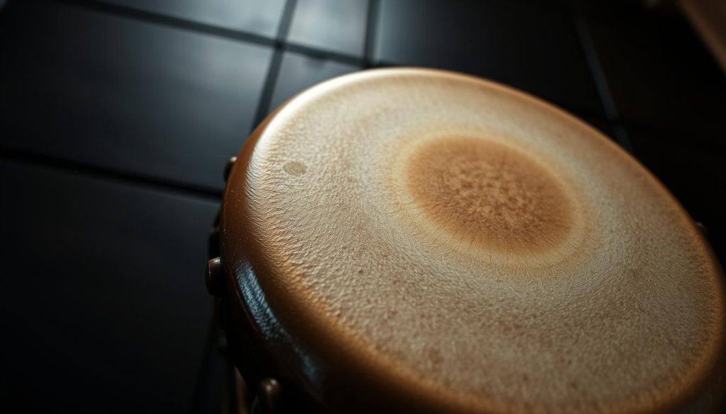 A close-up view of a djembe drum head, showcasing the intricate texture and natural fibers. The image is set against a simple, dark wooden background that enhances the warmth of the drum. Soft, diffused lighting creates gentle shadows, accentuating the curves and details of the drumhead, with a slight reflection highlighting its surface. The perspective is from a low angle, giving a sense of depth and emphasizing the craftsmanship of the djembe. The atmosphere is inviting and cultural, conveying a sense of rhythm and tradition. The overall composition focuses on the beauty and craftsmanship of the djembe head, making it an ideal visual representation for the topic at hand. A close-up view of a djembe drum head, showcasing the intricate texture and natural fibers. The image is set against a simple, dark wooden background that enhances the warmth of the drum. Soft, diffused lighting creates gentle shadows, accentuating the curves and details of the drumhead, with a slight reflection highlighting its surface. The perspective is from a low angle, giving a sense of depth and emphasizing the craftsmanship of the djembe. The atmosphere is inviting and cultural, conveying a sense of rhythm and tradition. The overall composition focuses on the beauty and craftsmanship of the djembe head, making it an ideal visual representation for the topic at hand.