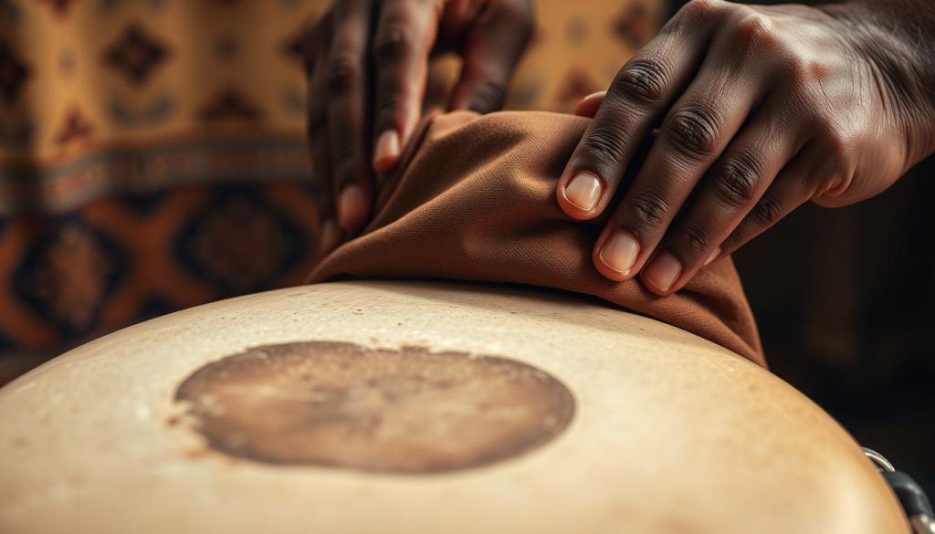 A close-up view of a djembe head, showcasing the intricate texture of the goat skin often used, with visible pores and wrinkles that highlight the craftsmanship. In the foreground, the djembe skin glistens under soft, diffused white light, emphasizing its natural color variations. The background features blurred traditional African patterns and warm earthy tones, creating a harmonious cultural atmosphere. To add depth, include a pair of skilled hands professionally stretching the skin onto the drum shell, carefully aligning it for precise fitting. The image captures an essence of artistry and dedication, embodying the meticulous work involved in professional djembe restoration. The entire scene is framed with a shallow depth of field, giving focus to the djembe head and hands while softly fading the surroundings into a warm bokeh effect. A close-up view of a djembe head, showcasing the intricate texture of the goat skin often used, with visible pores and wrinkles that highlight the craftsmanship. In the foreground, the djembe skin glistens under soft, diffused white light, emphasizing its natural color variations. The background features blurred traditional African patterns and warm earthy tones, creating a harmonious cultural atmosphere. To add depth, include a pair of skilled hands professionally stretching the skin onto the drum shell, carefully aligning it for precise fitting. The image captures an essence of artistry and dedication, embodying the meticulous work involved in professional djembe restoration. The entire scene is framed with a shallow depth of field, giving focus to the djembe head and hands while softly fading the surroundings into a warm bokeh effect.