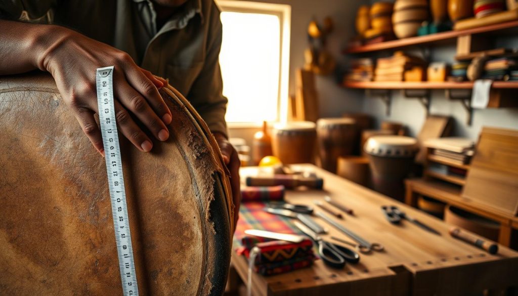 A close-up view of a rustic djembe head being measured for replacement. In the foreground, a skilled artisan is holding a tape measure against the worn, textured leather surface, displaying the intricate patterns of the djembe hide. The artisan is wearing modest, casual clothing, showcasing a focused expression. In the middle, tools such as a sharp knife, scissors, and a ruler are neatly arranged on a wooden workbench, amid vibrant fabric swatches and traditional drum-making materials. The background features a softly lit workshop filled with shelves of drums and crafting tools, enhancing the artisan's dedication to the craft. Warm, natural lighting filters in from a nearby window, creating an inviting and calm atmosphere.