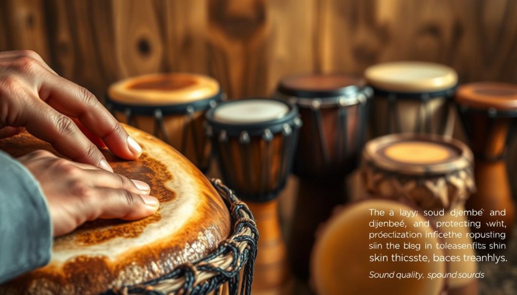 A detailed close-up of a traditional djembé drum with a focus on its skin, showcasing various layers and thicknesses that impact sound projection. The foreground features a hand gently tapping the drum, emphasizing the texture of the animal skin and its resonance qualities. In the middle ground, a range of djembé drums of different sizes and materials are arranged, highlighting the diversity in skin thickness. The background includes soft, warm lighting that creates a cozy atmosphere, casting gentle shadows to enhance the details. A subtle blurred wooden environment complements the earthy tones of the djembé, suggesting a sense of craftsmanship and tradition. The overall mood is inviting and informative, emphasizing sound quality and texture. A detailed close-up of a traditional djembé drum with a focus on its skin, showcasing various layers and thicknesses that impact sound projection. The foreground features a hand gently tapping the drum, emphasizing the texture of the animal skin and its resonance qualities. In the middle ground, a range of djembé drums of different sizes and materials are arranged, highlighting the diversity in skin thickness. The background includes soft, warm lighting that creates a cozy atmosphere, casting gentle shadows to enhance the details. A subtle blurred wooden environment complements the earthy tones of the djembé, suggesting a sense of craftsmanship and tradition. The overall mood is inviting and informative, emphasizing sound quality and texture.