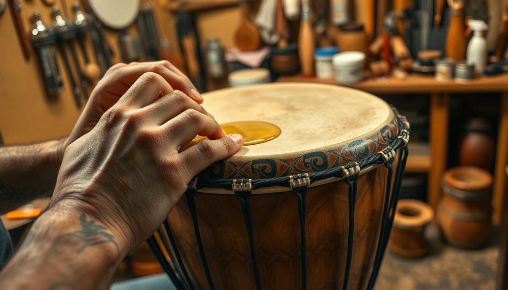 A detailed, close-up view of a person professionally maintaining a djembe drum. In the foreground, focus on hands carefully applying a natural conditioning oil to the drumhead, showcasing the texture of the skin. The middle layer features the djembe itself, beautifully crafted with intricate carvings and a vibrant, natural finish; the wood shines under soft, warm lighting that casts gentle shadows. In the background, a cozy workshop setting filled with various drum maintenance tools and supplies, reflecting an artisan’s environment. The atmosphere feels inviting and knowledgeable, with warm tones that evoke a sense of care and tradition. The angle is slightly tilted to add dynamism, emphasizing the craftsmanship involved in djembe maintenance. A detailed, close-up view of a person professionally maintaining a djembe drum. In the foreground, focus on hands carefully applying a natural conditioning oil to the drumhead, showcasing the texture of the skin. The middle layer features the djembe itself, beautifully crafted with intricate carvings and a vibrant, natural finish; the wood shines under soft, warm lighting that casts gentle shadows. In the background, a cozy workshop setting filled with various drum maintenance tools and supplies, reflecting an artisan’s environment. The atmosphere feels inviting and knowledgeable, with warm tones that evoke a sense of care and tradition. The angle is slightly tilted to add dynamism, emphasizing the craftsmanship involved in djembe maintenance.