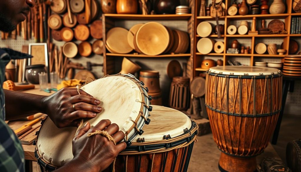 A detailed montage showcasing the techniques of mounting a djembe drum skin. In the foreground, a skilled artisan's hands are carefully applying tension to the drum skin with intricate knots and natural twine, focused on precision and craftsmanship. The middle ground features an array of tools like chisels, hammers, and a large wooden djembe, revealing layers of the mounting process. In the background, shelves filled with various drum skins and cultural artifacts hint at a rich musical heritage. The lighting is warm and soft, casting gentle shadows that enhance the textures of the wood and skin. The overall mood conveys a sense of dedication and artistry, immersing the viewer in the traditional practice of djembe drum assembly.