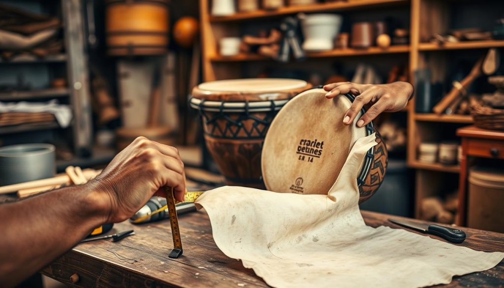 A detailed view of a skilled artisan preparing a djembe drum for skin replacement. In the foreground, focus on the artisan’s hands gently measuring the drum's rim and laying out a fresh goat skin. In the middle, showcase the djembe itself, intricately carved with tribal patterns, resting on a sturdy workbench cluttered with tools like a tape measure and a knife. In the background, softly blurred shelves filled with various drum materials and accessories create an inviting workshop atmosphere. Use warm, natural lighting to enhance the rich texture of the wood and skin, with a shallow depth of field to emphasize the precision of the artisan's work. The mood is focused and professional, reflecting the dedication to craftsmanship. A detailed view of a skilled artisan preparing a djembe drum for skin replacement. In the foreground, focus on the artisan’s hands gently measuring the drum's rim and laying out a fresh goat skin. In the middle, showcase the djembe itself, intricately carved with tribal patterns, resting on a sturdy workbench cluttered with tools like a tape measure and a knife. In the background, softly blurred shelves filled with various drum materials and accessories create an inviting workshop atmosphere. Use warm, natural lighting to enhance the rich texture of the wood and skin, with a shallow depth of field to emphasize the precision of the artisan's work. The mood is focused and professional, reflecting the dedication to craftsmanship.