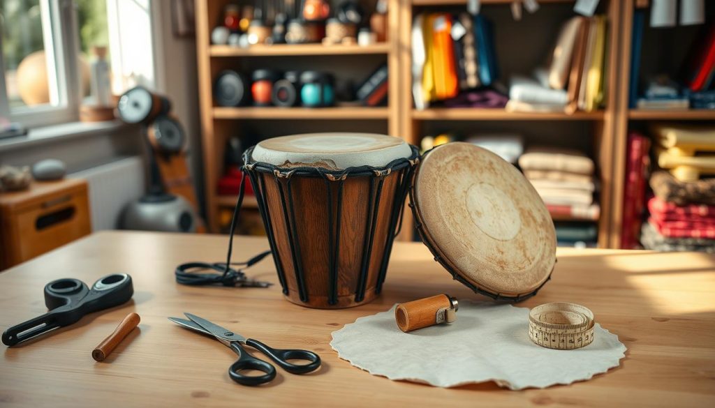 A neatly arranged workspace showcasing essential tools for replacing a djembe skin. In the foreground, a traditional djembe drum with its existing skin removed, revealing the wooden body, alongside a brand new goat skin ready for installation. Various tools like a pair of scissors, a wooden mallet, and a measuring tape are meticulously placed around the drum, highlighting their importance in the process. The middle ground features a clean, wooden tabletop, reflecting natural light from a nearby window, casting soft shadows. In the background, blurred shelves filled with musical accessories and colorful fabric samples create a warm atmosphere. The overall mood feels inviting and focused, emphasizing craftsmanship and preparation.