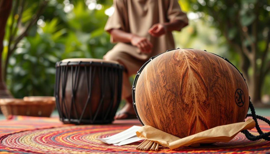 A traditional djembé drum made of goat skin, showcasing its intricate carvings and natural wooden body, rests on a vibrant woven mat. In the foreground, the texture of the goat hide is clearly visible, demonstrating the craftsmanship involved. Soft, warm lighting accentuates the rich colors of the wood and the organic patterns of the skin. In the middle ground, a musician in modest casual clothing gently taps on the djembé, radiating a sense of rhythm and harmony. The background features a serene setting with lush greenery and soft bokeh effects, adding a peaceful atmosphere to the scene. The overall mood is inviting and culturally rich, emphasizing the beauty and advantages of the goat skin djembé. A traditional djembé drum made of goat skin, showcasing its intricate carvings and natural wooden body, rests on a vibrant woven mat. In the foreground, the texture of the goat hide is clearly visible, demonstrating the craftsmanship involved. Soft, warm lighting accentuates the rich colors of the wood and the organic patterns of the skin. In the middle ground, a musician in modest casual clothing gently taps on the djembé, radiating a sense of rhythm and harmony. The background features a serene setting with lush greenery and soft bokeh effects, adding a peaceful atmosphere to the scene. The overall mood is inviting and culturally rich, emphasizing the beauty and advantages of the goat skin djembé.