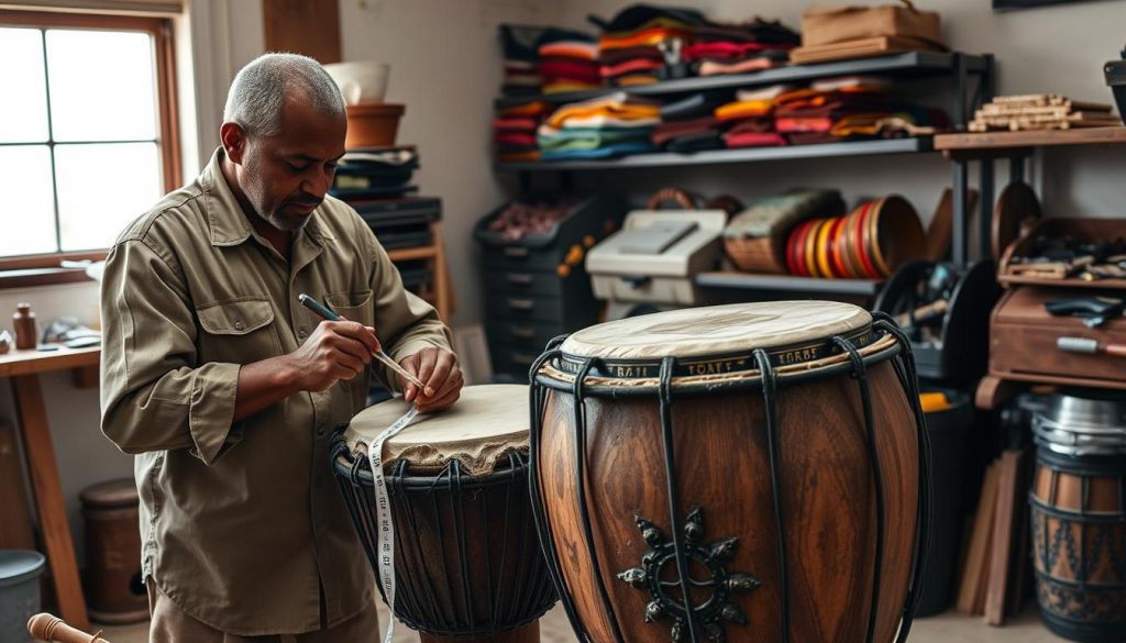 A well-lit workshop scene showcasing the intricate steps of replacing a djembe drum skin. In the foreground, a skilled craftsman in modest casual clothing carefully measures a new drum skin with a tape measure, surrounded by tools like a sharp knife, tacks, and a wooden mallet. The middle ground features a djembe with its old skin partially removed, revealing the intricate carvings on the drum body. In the background, shelves filled with vibrant drum skins and toolboxes hint at the craftsmanship involved. Soft, natural light streams in from a nearby window, casting gentle shadows and creating a warm, inviting atmosphere. The image captures concentration, skill, and the artistry of traditional drum crafting. A well-lit workshop scene showcasing the intricate steps of replacing a djembe drum skin. In the foreground, a skilled craftsman in modest casual clothing carefully measures a new drum skin with a tape measure, surrounded by tools like a sharp knife, tacks, and a wooden mallet. The middle ground features a djembe with its old skin partially removed, revealing the intricate carvings on the drum body. In the background, shelves filled with vibrant drum skins and toolboxes hint at the craftsmanship involved. Soft, natural light streams in from a nearby window, casting gentle shadows and creating a warm, inviting atmosphere. The image captures concentration, skill, and the artistry of traditional drum crafting.